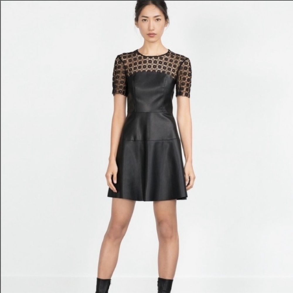 Zara Faux Leather Dress with Crochet Sleeves